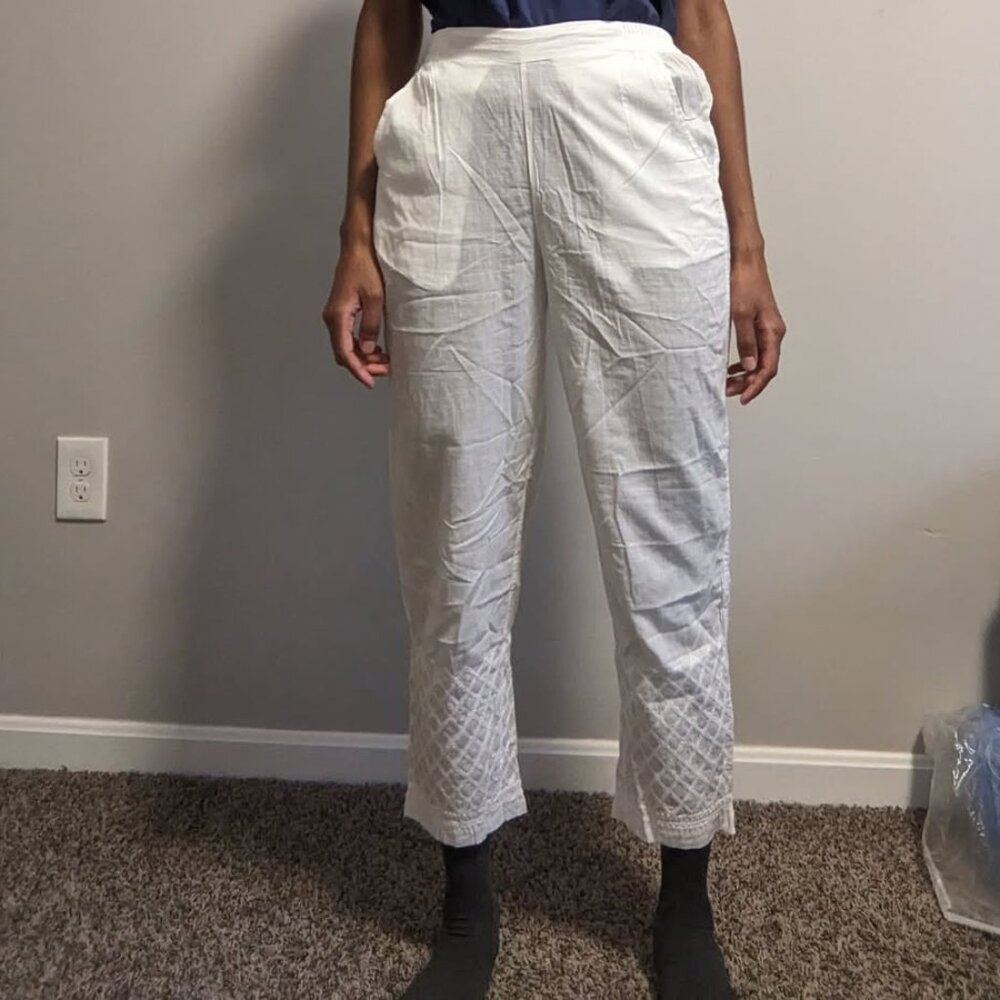 White Fabindia chikankari trousers